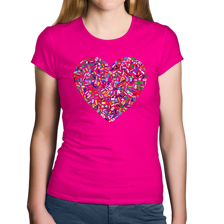 Baby Look Algodão Coração Bandeiras - Rosa