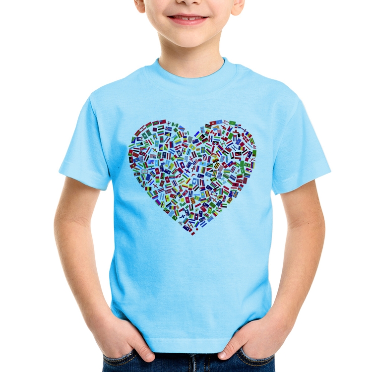 Camiseta Infantil Coração Bandeiras - Azul Bebê