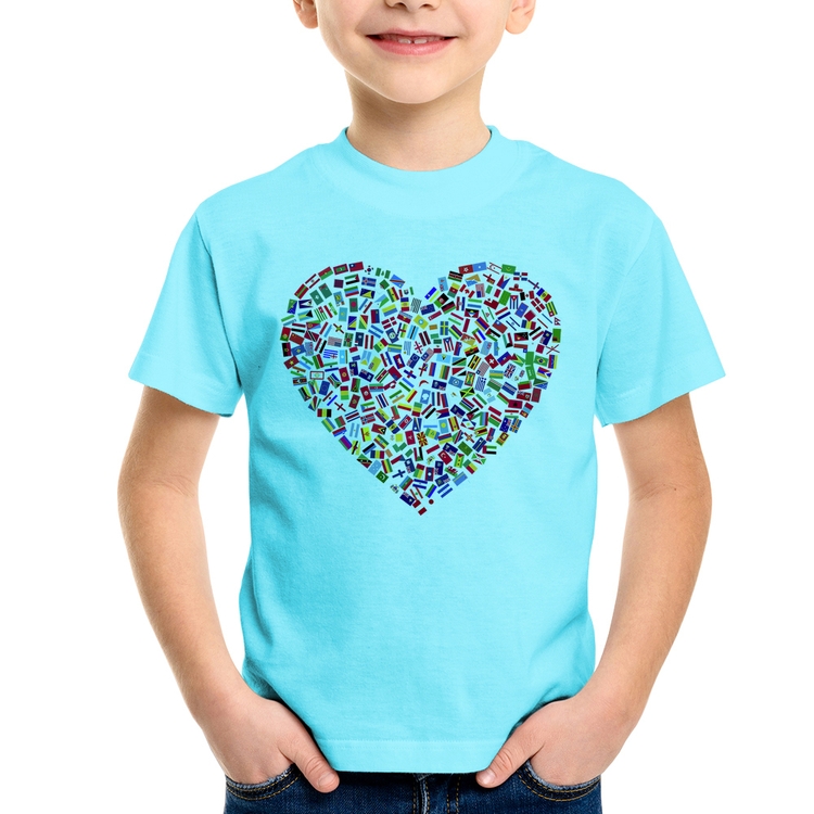 Camiseta Infantil Coração Bandeiras - Azul Claro