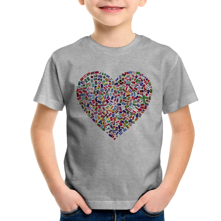 Camiseta Infantil Coração Bandeiras - Cinza