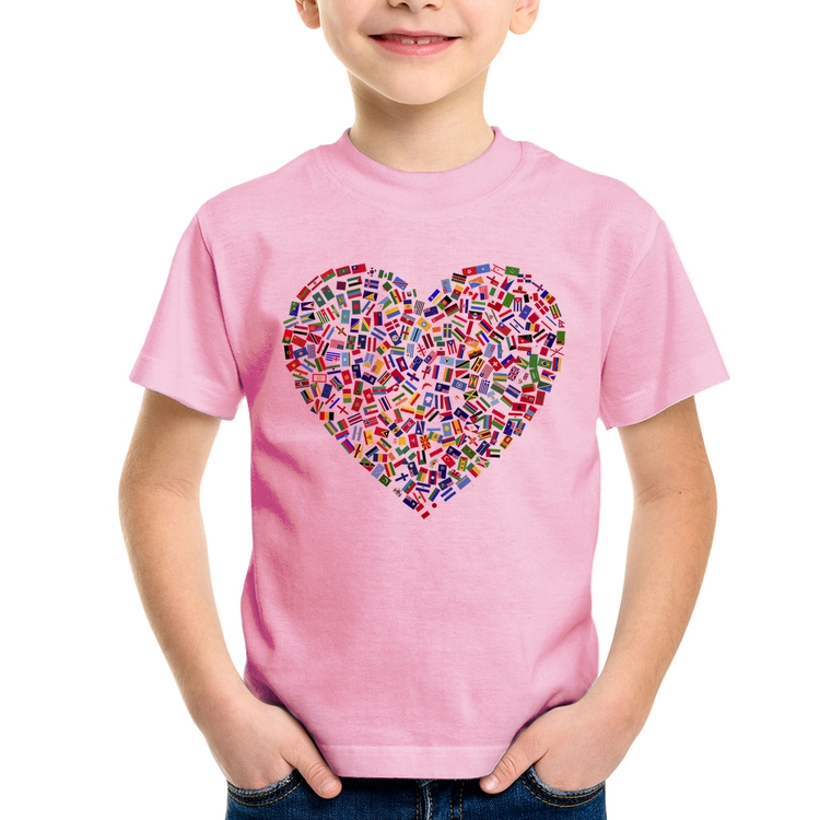 Camiseta Infantil Coração Bandeiras - Rosa Bebê