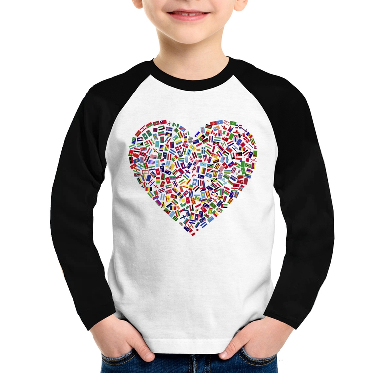 Camiseta Raglan Infantil Coração Bandeiras Manga Longa