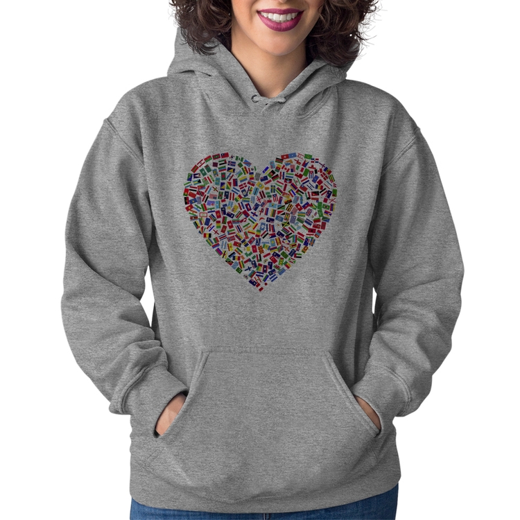 Moletom Feminino Coração Bandeiras - Cinza