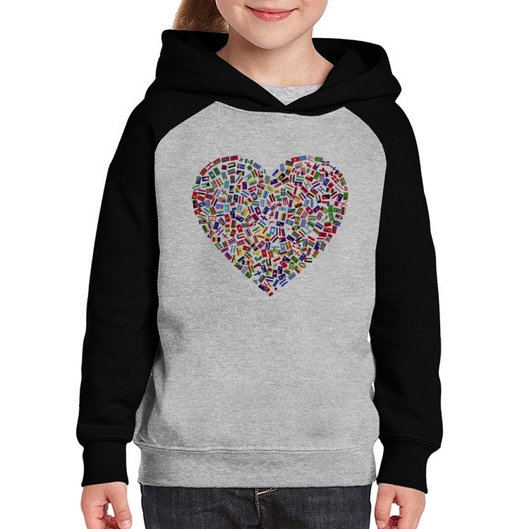 Moletom Infantil Coração Bandeiras - Cinza/Preto