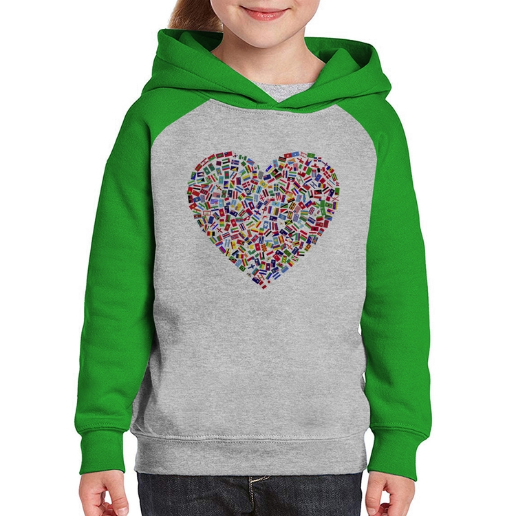 Moletom Infantil Coração Bandeiras - Cinza/Verde