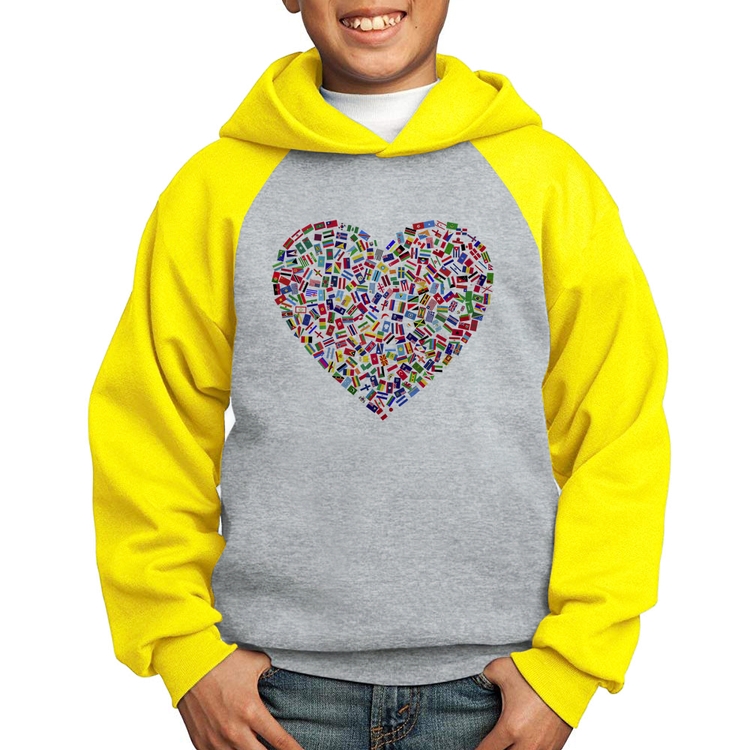 Moletom Infantil Coração Bandeiras - Cinza/Amarelo