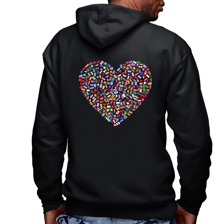Blusa Moletom Coração Bandeiras Masculina com Capuz e Zíper