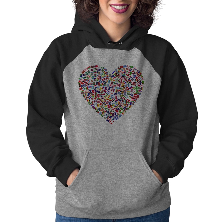 Moletom Feminino Coração Bandeiras - Cinza/Preto