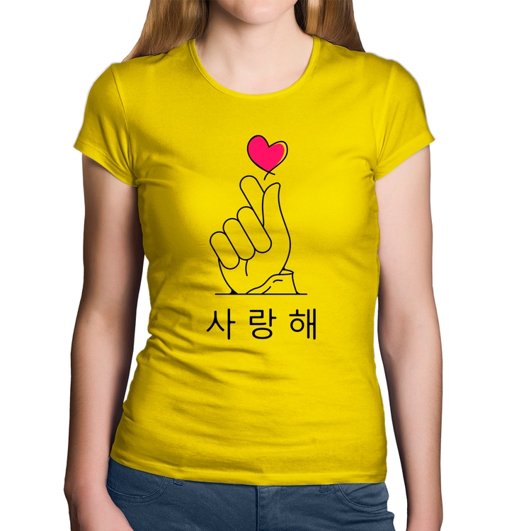 Baby Look Algodão Coração coreano (te amo) - Amarela