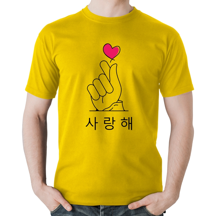 Camiseta Algodão Coração coreano (te amo) - Amarela