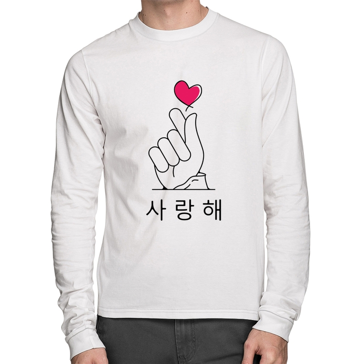 Camiseta Algodão Coração coreano (te amo) Manga Longa - Branca