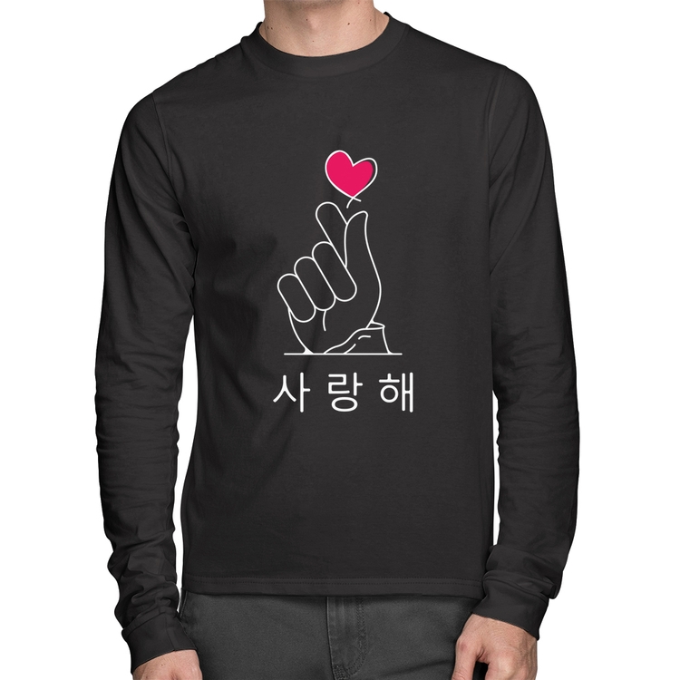 Camiseta Algodão Coração coreano (te amo) Manga Longa