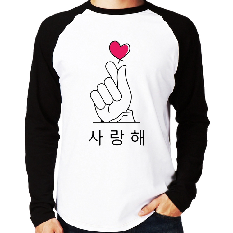 Camiseta Raglan Coração coreano (te amo) Manga Longa