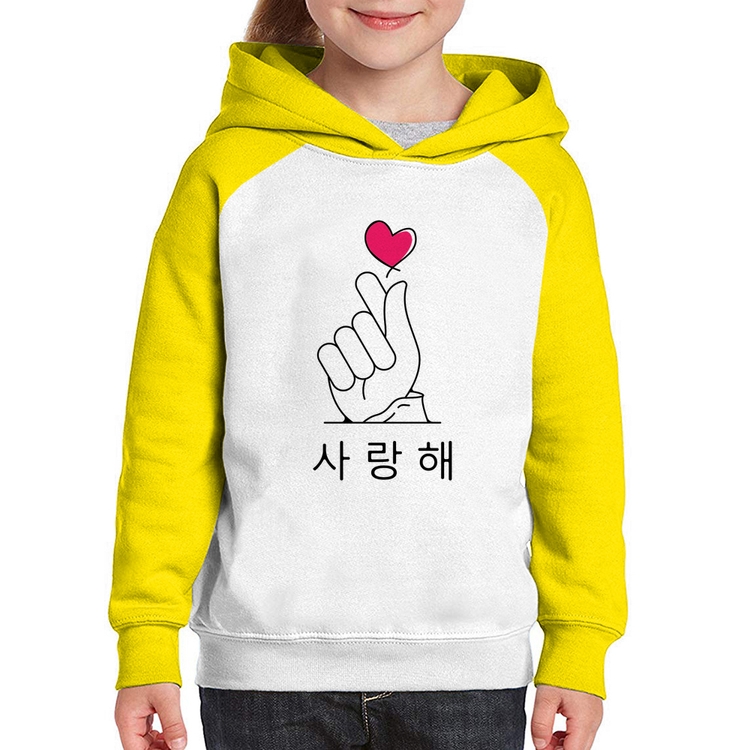Moletom Infantil Coração coreano (te amo) - Branco/Amarelo