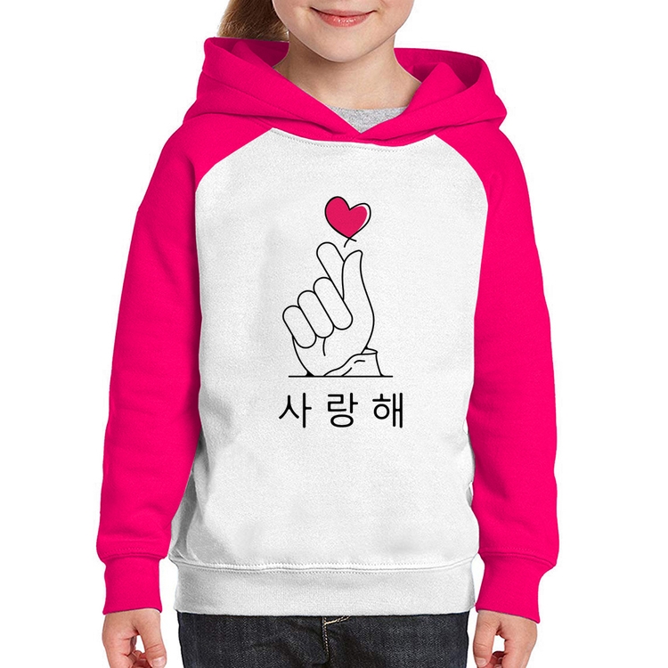 Moletom Infantil Coração coreano (te amo) - Branco/Rosa