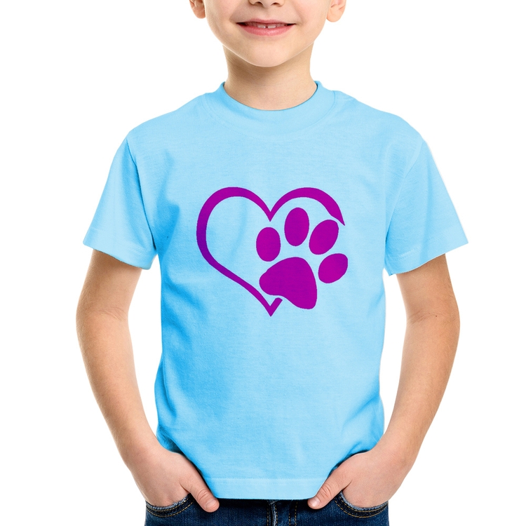Camiseta Infantil Coração Patinha Rosa - Azul Bebê