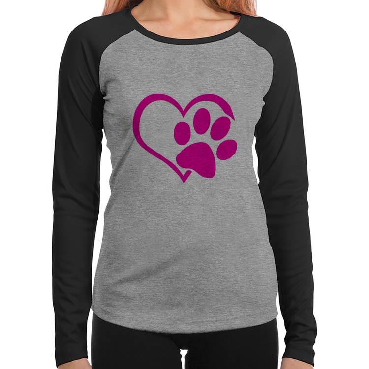 Baby Look Raglan Coração Patinha Rosa Manga Longa - Cinza/Preto