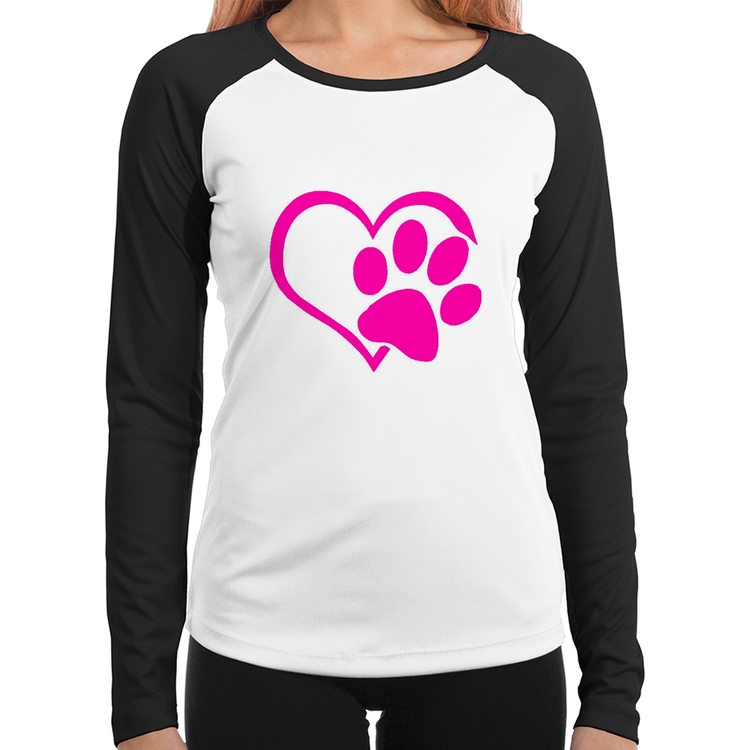 Baby Look Raglan Coração Patinha Rosa Manga Longa