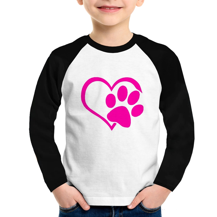 Camiseta Raglan Infantil Coração Patinha Rosa Manga Longa