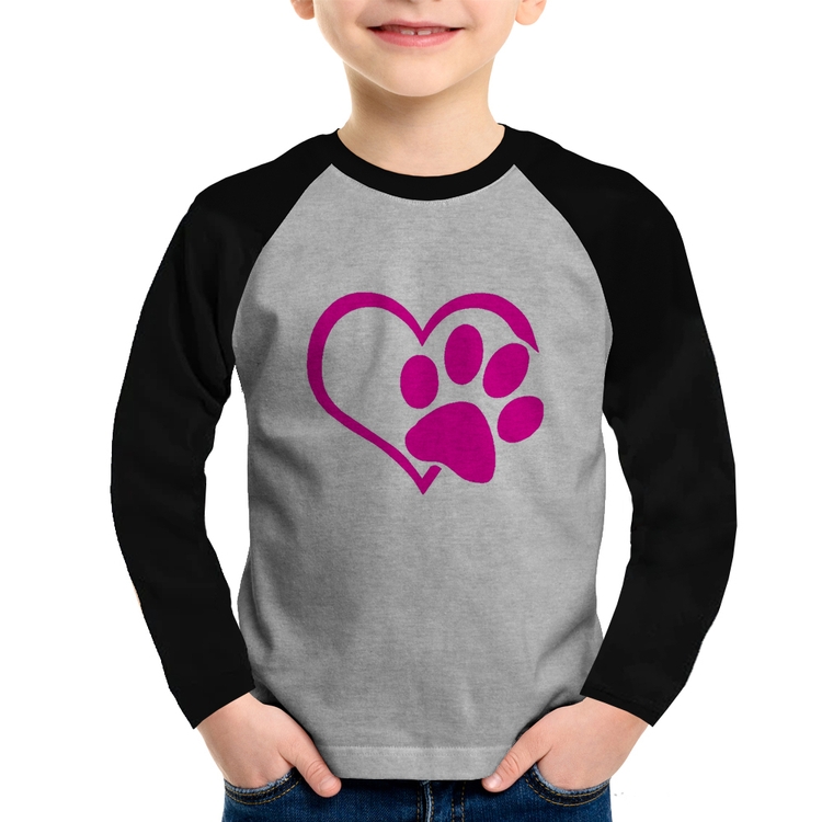 Camiseta Raglan Infantil Coração Patinha Rosa Manga Longa - Cinza/Preto