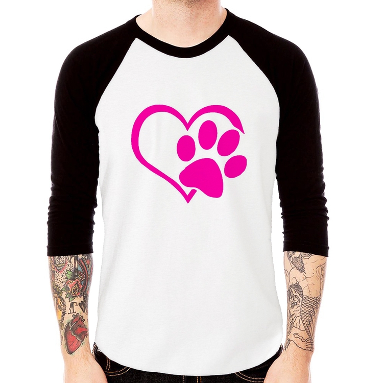 Camiseta Raglan Coração Patinha Rosa Manga 3/4