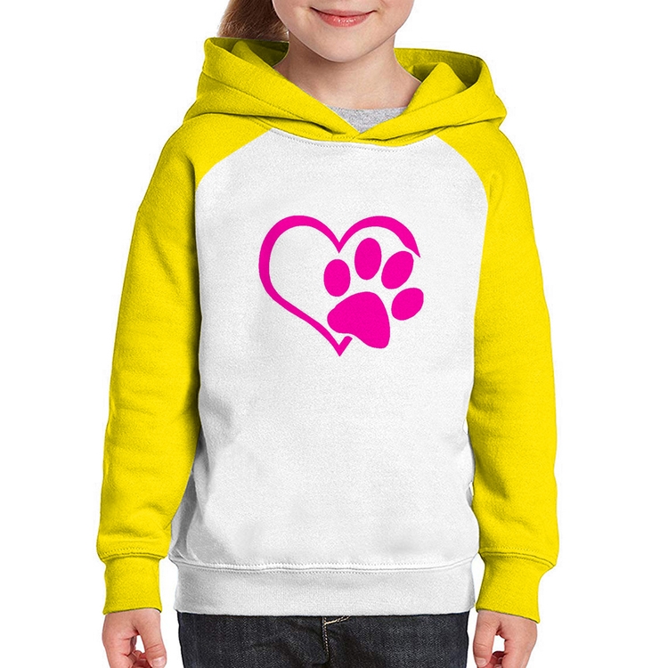 Moletom Infantil Coração Patinha Rosa - Branco/Amarelo