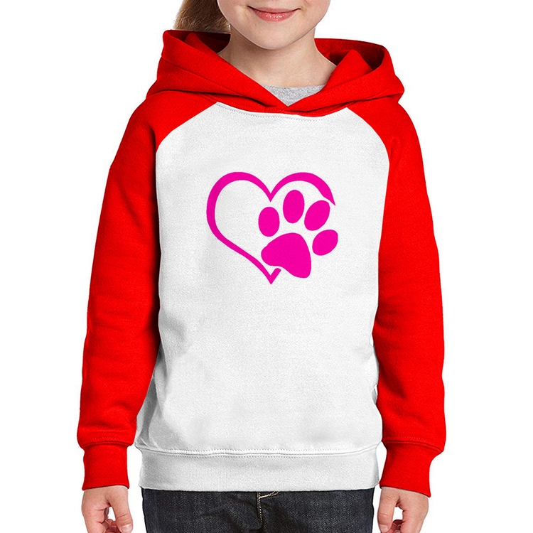Moletom Infantil Coração Patinha Rosa - Branco/Vermelho