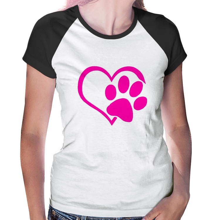 Baby Look Raglan Coração Patinha Rosa
