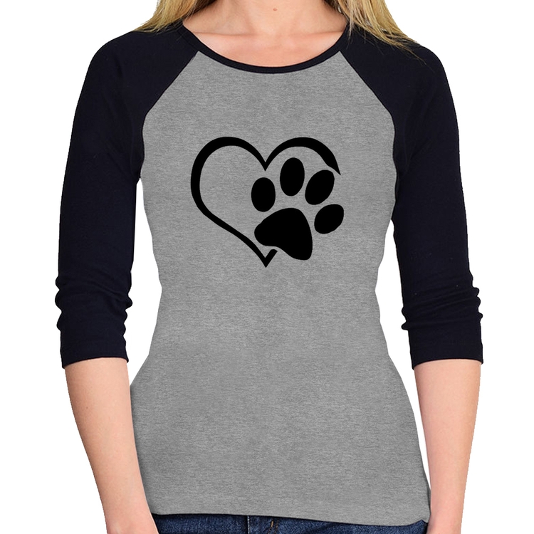 Baby Look Raglan Coração Patinha Manga 3/4 - Cinza/Preto