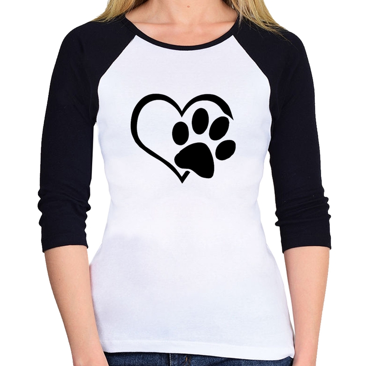 Baby Look Raglan Coração Patinha Manga 3/4