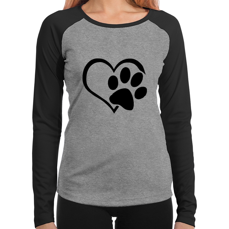 Baby Look Raglan Coração Patinha Manga Longa - Cinza/Preto
