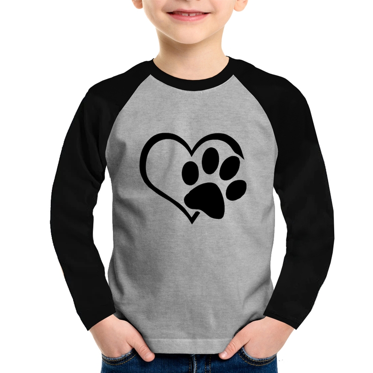 Camiseta Raglan Infantil Coração Patinha Manga Longa - Cinza/Preto