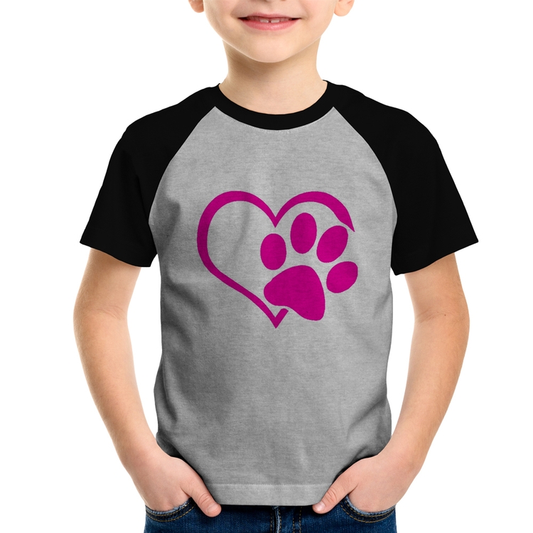Camiseta Raglan Infantil Coração Patinha Rosa - Cinza/Preto