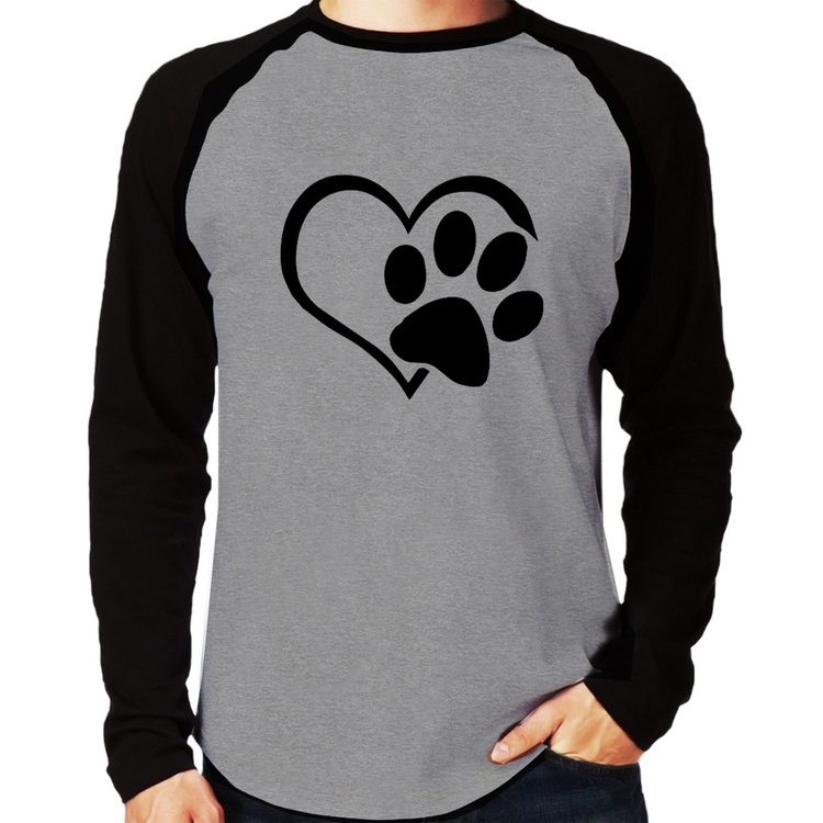Camiseta Raglan Coração Patinha Manga Longa - Cinza/Preto