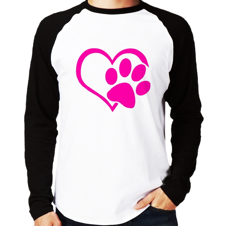 Camiseta Raglan Coração Patinha Rosa Manga Longa