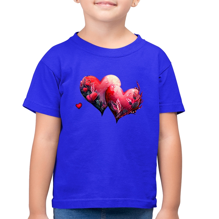 Camiseta Algodão Infantil Corações Flores - Azul Royal