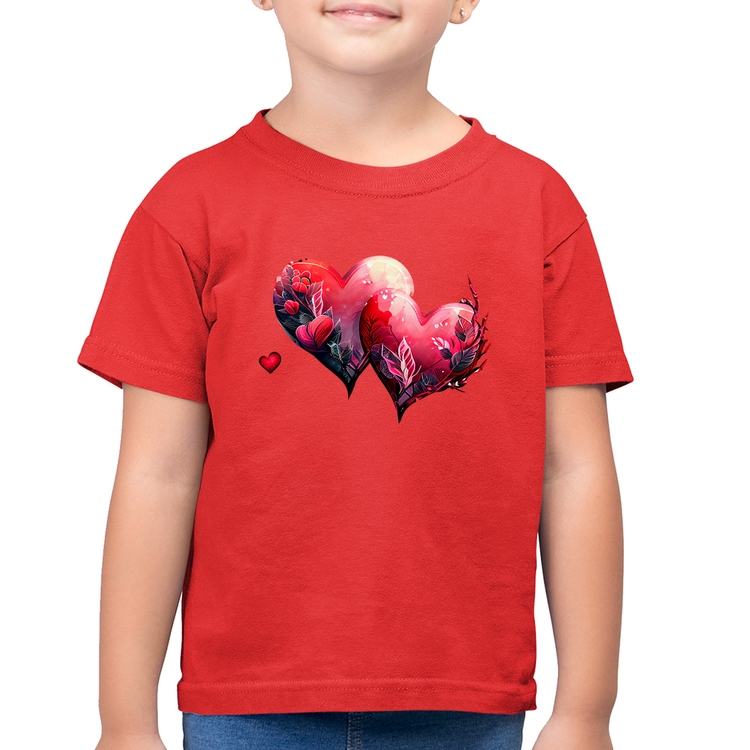 Camiseta Algodão Infantil Corações Flores - Vermelha