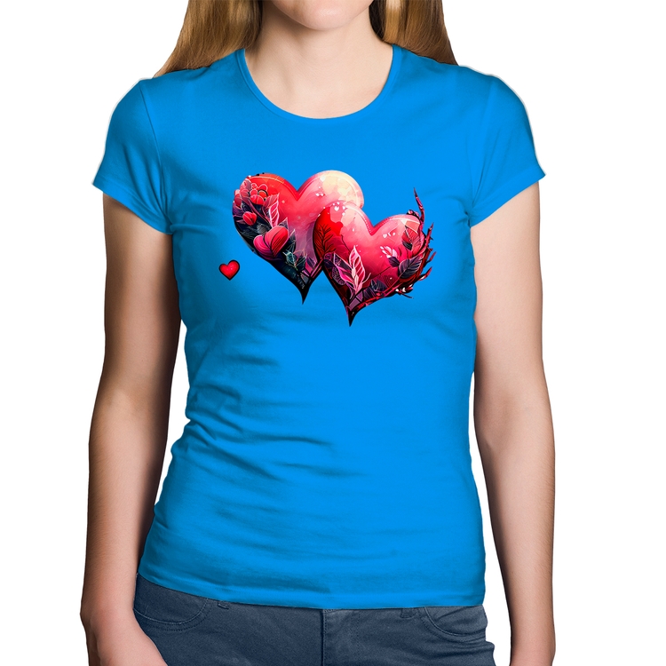 Baby Look Algodão Corações Flores - Azul