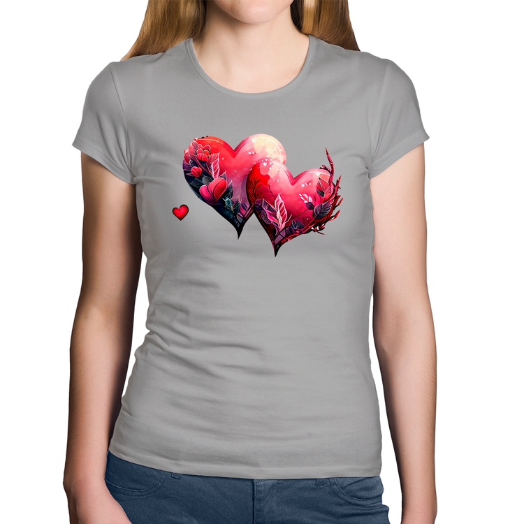 Baby Look Algodão Corações Flores - Cinza