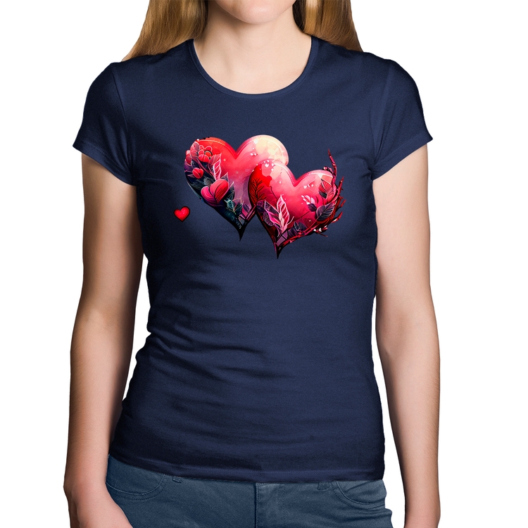 Baby Look Algodão Corações Flores - Marinho