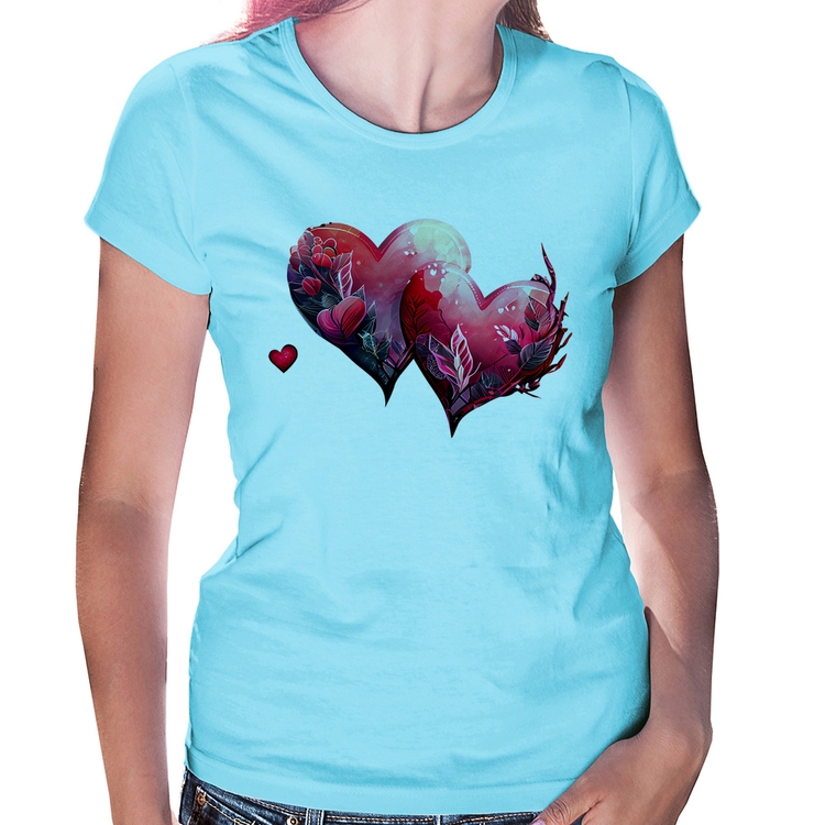 Baby Look Corações Flores - Azul Bebê