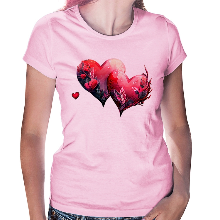 Baby Look Corações Flores - Rosa Bebê