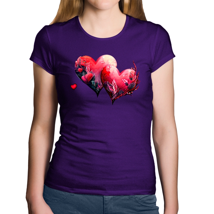 Baby Look Algodão Corações Flores - Roxa