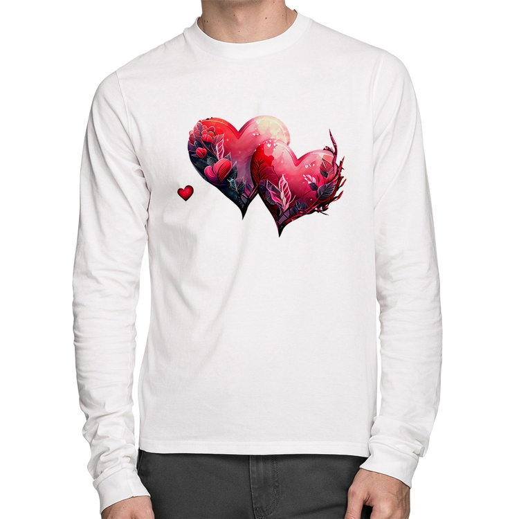 Camiseta Algodão Corações Flores Manga Longa - Branca