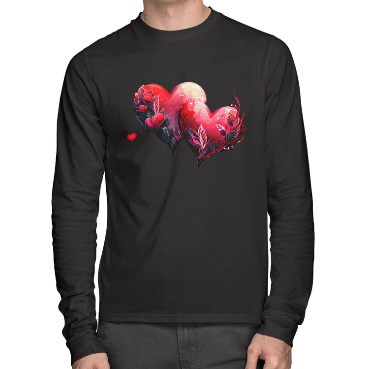 Camiseta Algodão Corações Flores Manga Longa