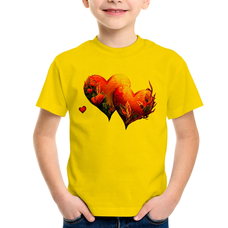 Camiseta Infantil Corações Flores - Amarela