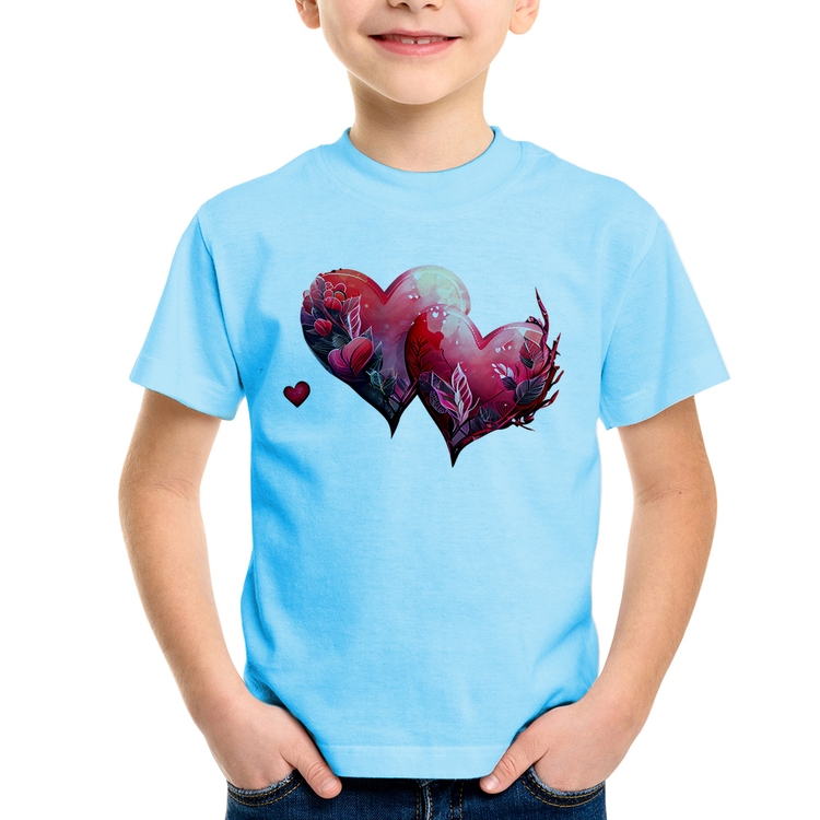Camiseta Infantil Corações Flores - Azul Bebê