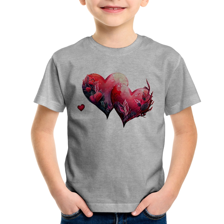 Camiseta Infantil Corações Flores - Cinza