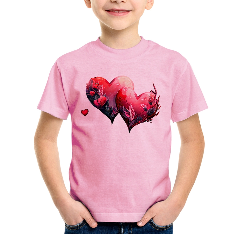 Camiseta Infantil Corações Flores - Rosa Bebê