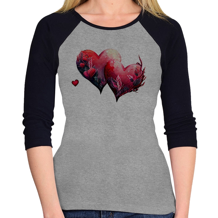 Baby Look Raglan Corações Flores Manga 3/4 - Cinza/Preto